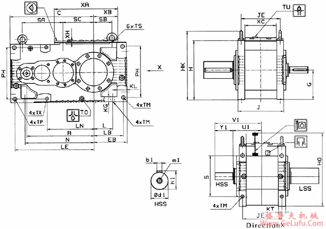 MC系列硬齿面中型齿轮减速机外形及安装尺寸(3级斜齿轮减速机水平安装)(图2)