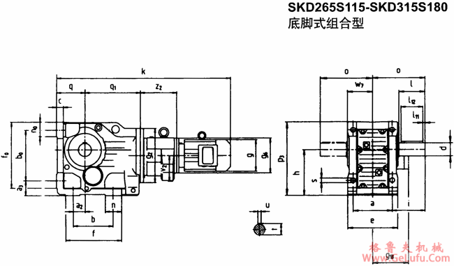 SKD265S115-SKD315S180底脚式组合型斜齿轮―蜗旋伞齿轮减速电机外形及安装尺寸(图2)