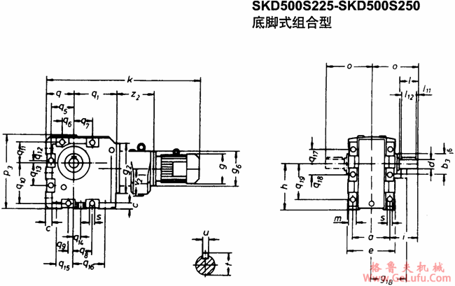 SKD500S225-SKD500S250底脚式组合型斜齿轮―蜗旋伞齿轮减速电机外形及安装尺寸(图2)