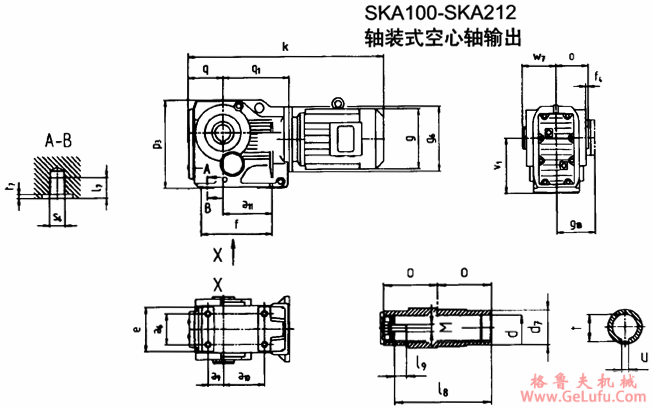 SKA100-SKA212轴装式空心轴输出斜齿轮―蜗旋伞齿轮减速电机外形及安装尺寸(图2) SKA100-SKA212轴装式空心轴输出斜齿轮―蜗旋伞齿轮减速电机外形及安装尺寸(图2)