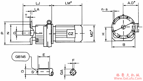CZR17F、CZR27F、CZR37F、CZR47F、CZR57F、CZR67F、CZR77F、CZR87F、CZR97F、CZR107F、CZR137F、CZR147F、CZR167F、齿轮减速电机安装及外形尺寸(图2)