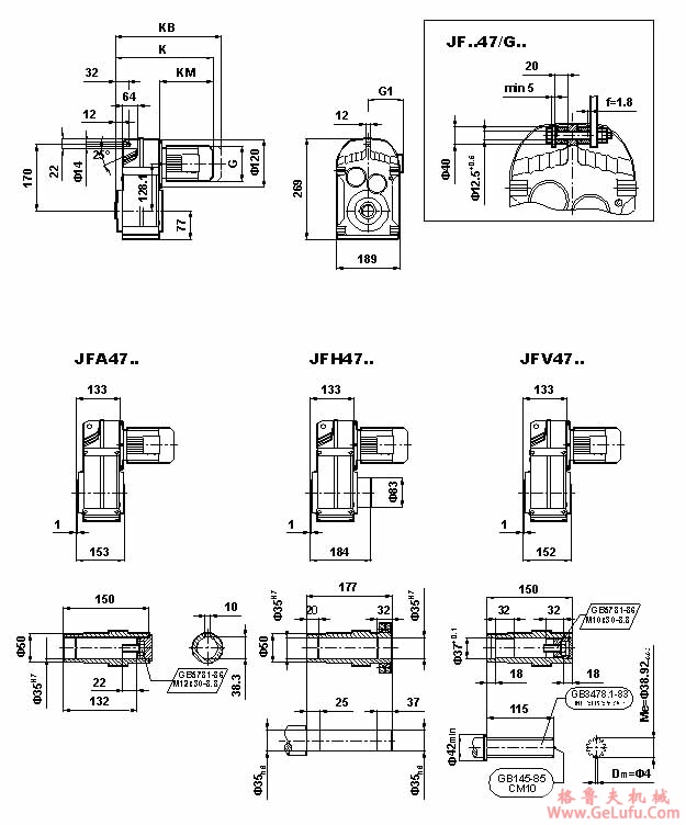 JF系列减速机外形安装尺寸(JF47、JFA47B、JFH47B、JFV47B、JFF47、JFAF47B、JFHF47B、JFVF47B、JF..47/G、JFA47、JFH47、JFV47、JFAZ47、JFHZ47、JHVZ47)(GB10095-88)(图4)