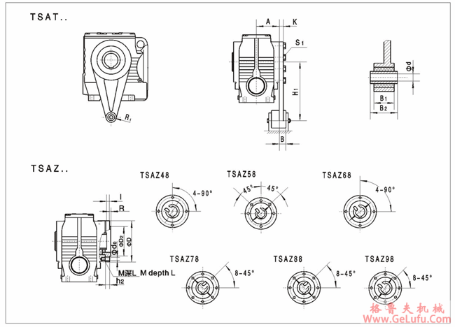 TSAT38、TSAZ48、TSAT48、TSAZ58、TSAT58、TSAZ68、TSAT68、TSAZ78、TSAT78、TSAZ88、TSAT88、TSAZ98、TSAT98、系列蜗轮蜗杆减速机外形安装尺寸(图2)
