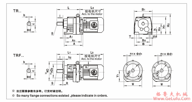 TR18、TRF18、TR28、TRF28、TR38、TRF38、TR48、TRF48、TR58、TRF58、TR68、TRF68、TR78、TRF78、TR88、TRF88、TR98、TRF98、TR108、TRF108、TR138、TRF138、TR148、TRF148、TR168、TRF168、系列斜齿轮硬齿面减速机的安装尺寸(图2)