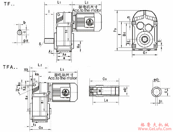 TF38、TFA38、TF48、TFA48、TF58、TFA58、TF68、TFA68、TF78、TFA78、TF88、TFA88、TF98、TFA98、TF108、TFA108、TF128、TFA128、TF158、TFA158、系列平行轴斜齿轮减速机的安装尺寸(图2)