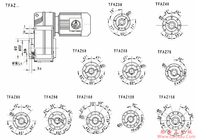 TFAZ38、TFAZ48、TFAZ58、TFAZ68、TFAZ78、TFAZ88、TFAZ98、TFAZ108、TFAZ128、TFAZ158、系列平行轴斜齿轮减速机的安装尺寸(图2)