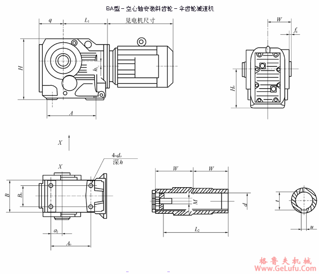 BA37、BA47、BA67、BA77、BA87、BA97、BA107、系列斜齿轮伞齿轮减速电机安装结构尺寸(图2)