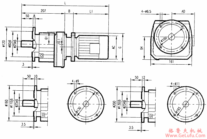 GRF37系列斜齿轮减速电机安装结构尺寸(图2)