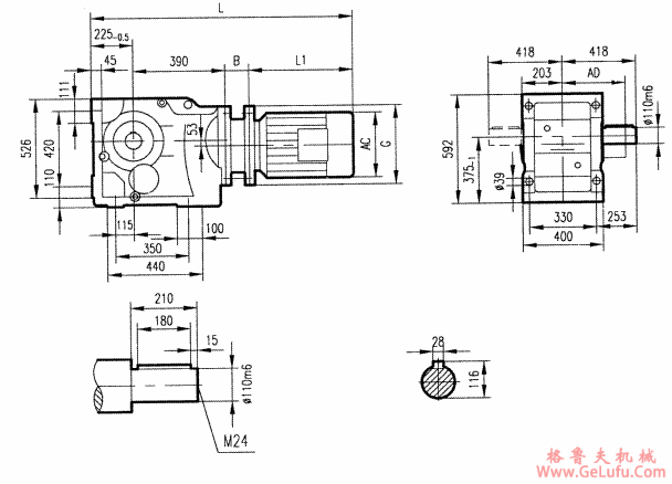 GK127型斜齿轮弧齿锥齿轮减速电机安装结构图尺寸(图2)