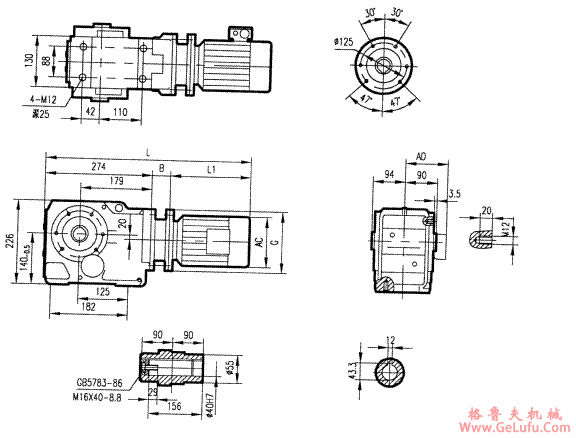 GKA67型斜齿轮弧齿锥齿轮减速电机安装结构图尺寸(图2)