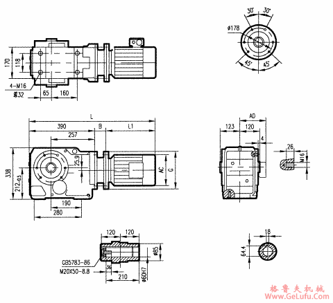 GKA87型斜齿轮弧齿锥齿轮减速电机安装结构图尺寸(图2)