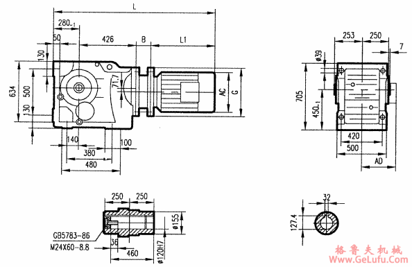 GKA157型斜齿轮弧齿锥齿轮减速电机安装结构图尺寸(图2)