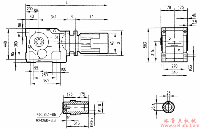 GKBA107型斜齿轮弧齿锥齿轮减速电机安装结构图尺寸(图2)