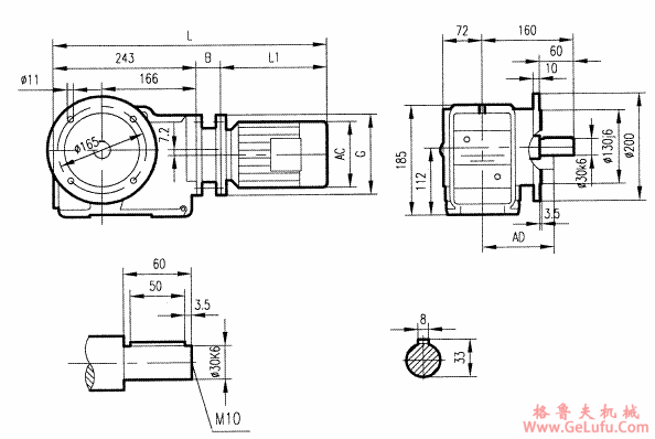 GKF47型斜齿轮弧齿锥齿轮减速电机安装结构图尺寸(图2)