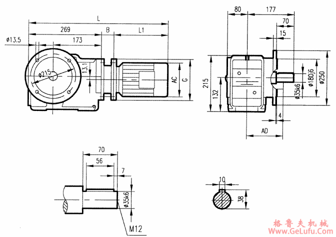 GKF57型斜齿轮弧齿锥齿轮减速电机安装结构图尺寸(图2)
