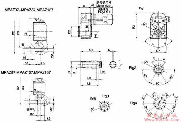 MPAZ37、MPAZ47、MPAZ57、MPAZ67、MPAZ77、MPAZ87、MPAZ97、MPAZ107、MPAZ127、MPAZ157、系列平等轴齿轮减速机的安装尺寸(图2)