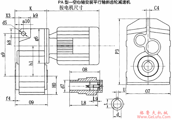 PA37、PA47、PA67、PA77、PA87、PA97、PA107、PA127、空心轴安装平行轴斜齿轮减速机安装尺寸(图2)