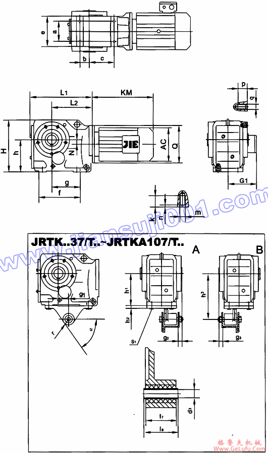 JRTK斜齿轮――伞齿轮减速机电机安装尺寸(JRTKA37..～JRTKA107..(图2)