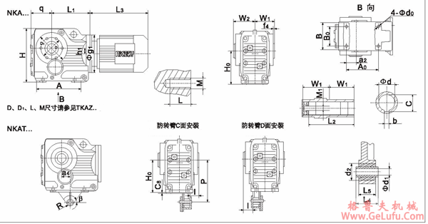 NKA37、NKAT37、NKA47、NKAT47、NKA57、NKAT57、NKA67、NKAT67、NKA77、NKAT77、NKA87、NKAT87、NKA97、NKAT97、NKA107、NKAT107、NKA127、NKAT127、NKA157、NKAT157、系列螺旋锥齿轮减速机安装尺寸(图2)