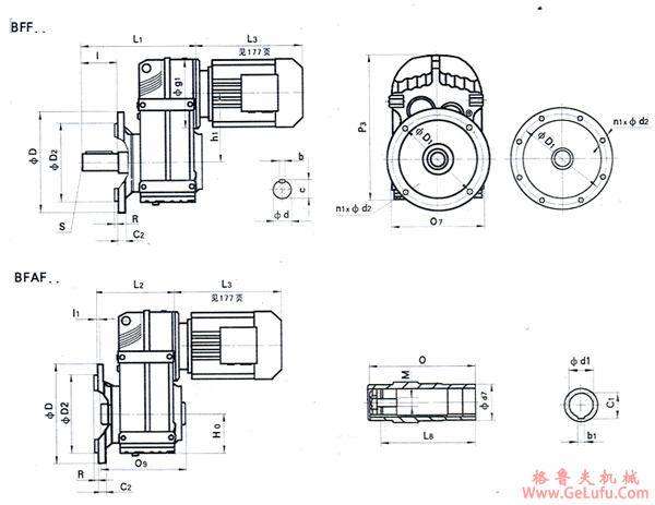 BFF37、BFAF37、BFF47、BFAF47、BFF57、BFAF57、BFF67、BFAF67、BFF77、BFAF77、BFF87、BFAF87、BFF97、BFAF97、BFF107、BFAF107、BFF127、BFAF127、BFF157、BFAF157、系列平行轴斜齿轮减速机安装尺寸(图2)