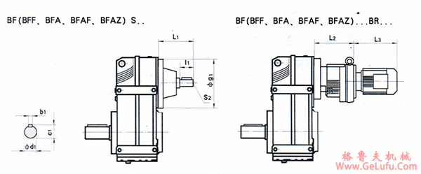 BF..S37、BF..S47、BF..S57、BF..S67、BF..S77、BF..S87、BF..S97、BF..S107、BF..S127、BF..S157、系列平行轴斜齿轮减速机安装尺寸(图2)