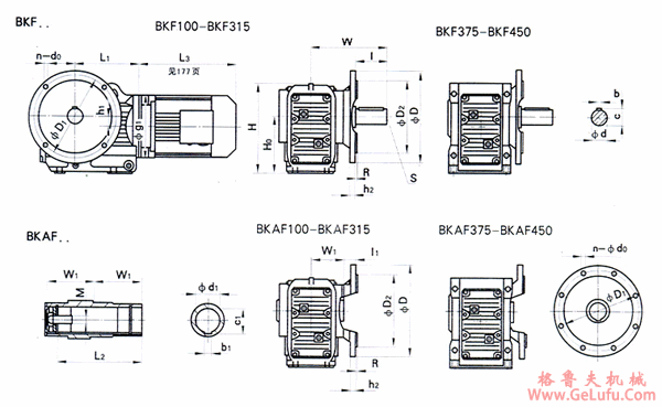 BKF100、BKAF100、BKF112、BKAF112、BKF132、BKAF132、BKF140、BKAF140、BKF180、BKAF180、BKF212、BKAF212、BKF265、BKAF265、BKF315、BKAF315、BKF375、BKAF375、BKF450、BKAF450系列螺旋锥齿轮减速机安装尺寸（BKF..、BKAF）(图2)