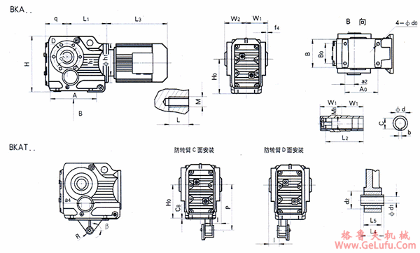 BKA100、BKAT100、BKA112、BKAT112、BKA132、BKAT132、BKA140、BKAT140、BKA180、BKAT180、BKA212、BKAT212、BKA265、BKAT265、BKA315、BKAT315、BKA375、BKAT375、BKA450、BKAT450、系列螺旋锥齿轮减速机安装尺寸(图2)