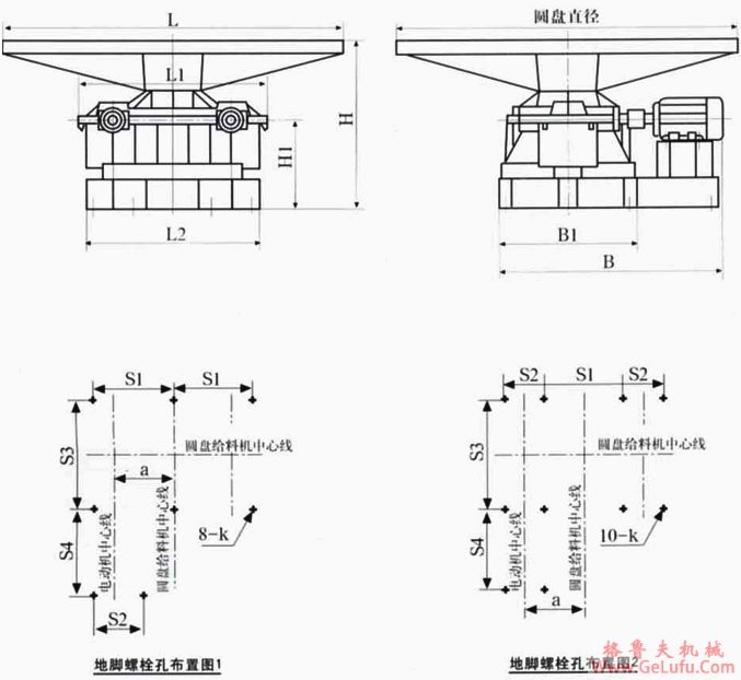 PSH型座式圆盘给料机外形尺寸与地脚螺栓孔部置图(图2)