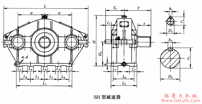 SH80、SH90、SH105、SH80、SH125、SH145、SH175、SH215、SH255、SH300、SH350、SH400、SH450、SH500、SH550、SH600、SH670、SH750、SH840、SH950、SH1070型三环减速机型式与主要尺寸YB/T79-1995(图2)