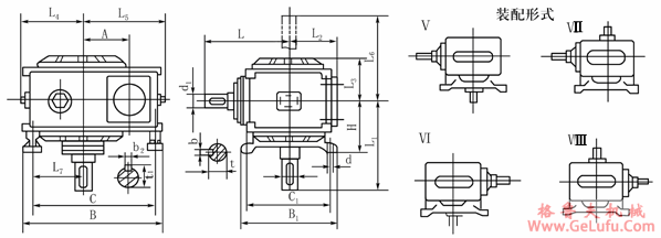 WHT42、WHT65、WHT80、WHT100型圆弧圆柱蜗杆减速机Ⅴ―Ⅷ式安装型式及尺寸JB2318―79(图2)