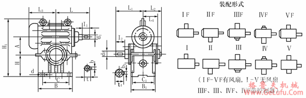 WHS120、WHS125、WHS150、WHS160、WHS180、WHS200、WHS210、WHS50、WHS280、WHS300、WHS320、WHS360、WHS400、WHS420、WHS120、WHS450、WHS500型圆弧圆柱蜗杆减速机安装尺寸JB2318―79 (图2)
