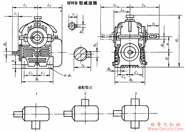 HWB100、HWB125、HWB160、HWB200、HWB250、HWB280、HWB315、HWB355、HWB400、HWB450、HWB500、型减速机外形、安装尺寸及装配型式JB/T7936―1999(图2)