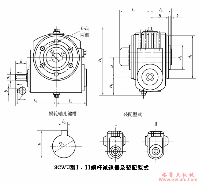 SCWU63、SCWU80、SCWU100、型减速机I、II装配型式主要尺寸JB/T6387-1992(图2)