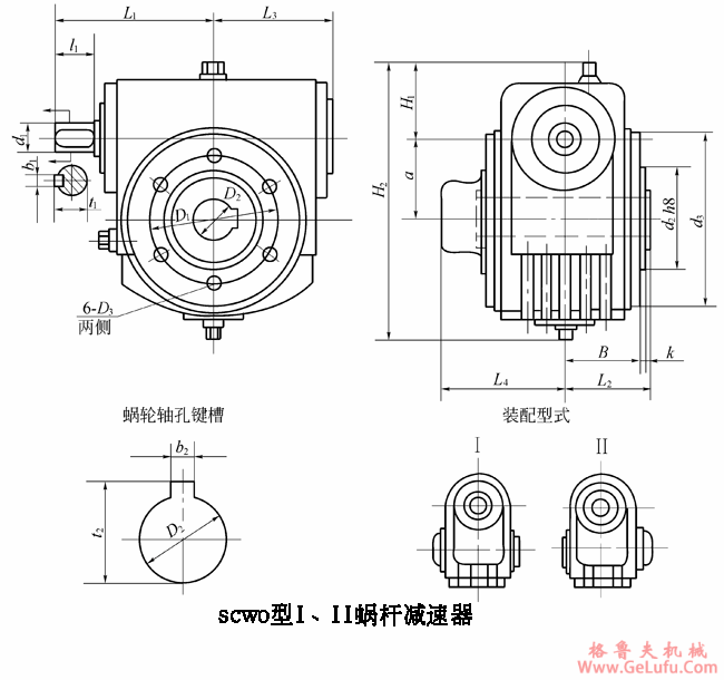 SCWO63、SCWO80、SCWO100、型减速机I、II装配型式主要尺寸JB/T6387-1992(图2)