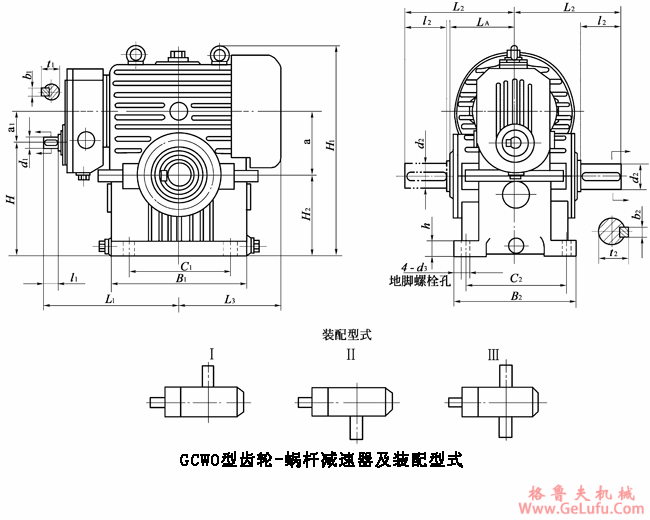 GCWO100-GCWO250型低速级蜗杆在蜗轮之上的齿轮-蜗杆减速机的装配形式与主要尺寸（JB/T7008-1993）(图2)