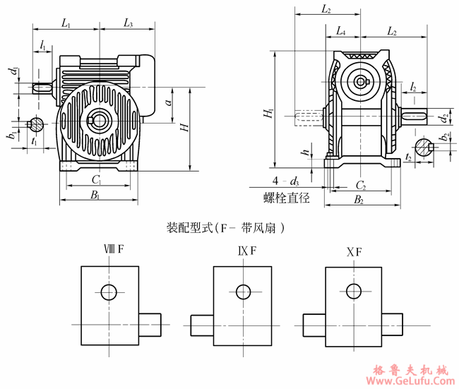 KWO125、KWO160、KWO180、KWO200、KWO225、KWO250、型锥面包络圆柱蜗杆减速机的外形安装尺寸和装配型式ⅧF―ⅩFJB/T 5559－91(图2)