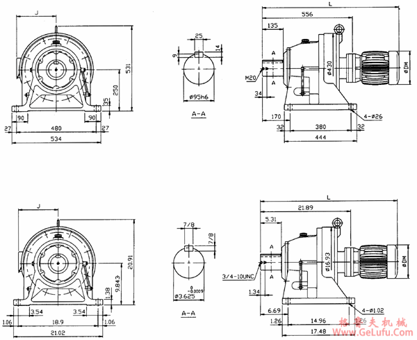 传仕600系列摆线针轮减速机双段卧式外形尺寸(THHM618/10、THHM618/13、THHM619/11、THHM619/13、THHM620/11、THHM620/13) (图4) 传仕600系列摆线针轮减速机双段卧式外形尺寸(THHM618/10、THHM618/13、THHM619/11、THHM619/13、THHM620/11、THHM620/13) (图4)