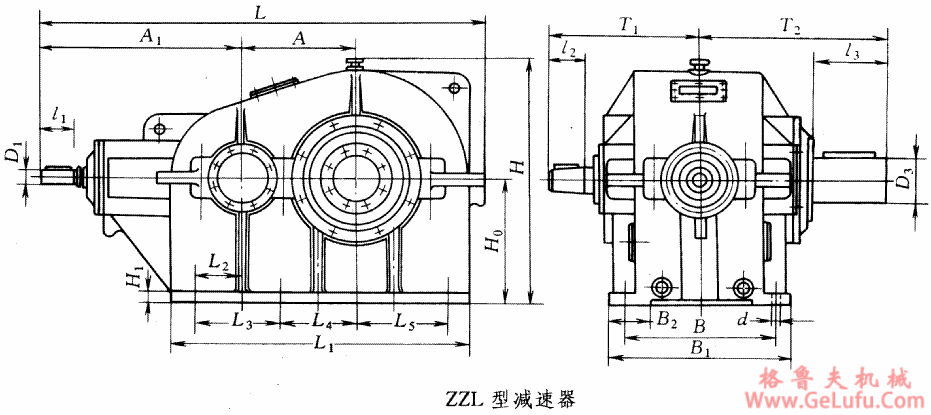 ZZL40、ZZL45、ZZL50、ZZL55、ZZL60、ZZL65、ZZL70、ZZL75、型圆锥圆柱齿轮减速机的外形尺寸(图2)