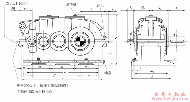 SDN160、SDN180、SDN200、SDN225、SDN250、SDN280、SDN320、SDN360、SDN400、SDN450、SDN500、SDN560、SDN630、SDN710、SDN800型圆柱齿轮减速机外形及安装尺寸(图2)