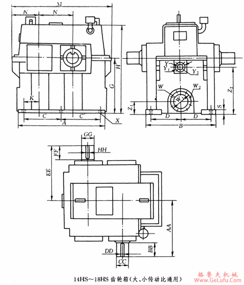 14HS、15HS、16HS、17HS、18HS、齿轮箱高速轴外伸尺寸（小传动比i=1.0～5.5）(图2)