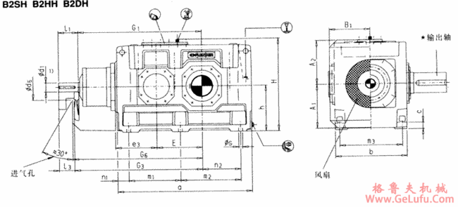 B2.H，B2.M型直交轴齿轮箱二级传动卧式安装(图2)