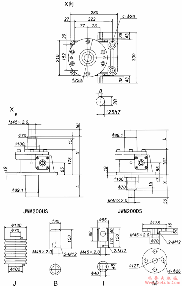 JWM200丝杠升降机外形尺寸表(图2)