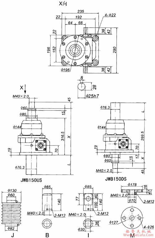 JWB150丝杠升降机外形尺寸表(图2)